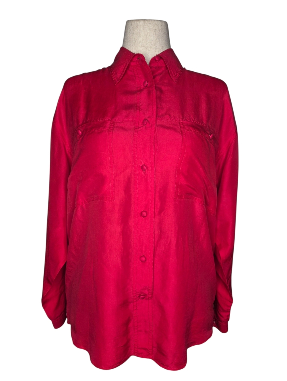 CLIO Red 100% Silk Button Front Blouse Shirt Top Size S Lightweight